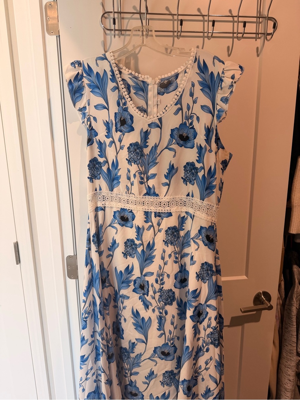 White Dress with Blue Floral Print and Lace Trim